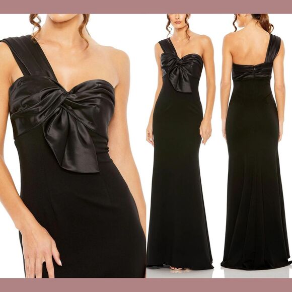 NEW $398 Mac Duggal [‎ 8 ] One Shoulder Draped Trumpet Gown Black